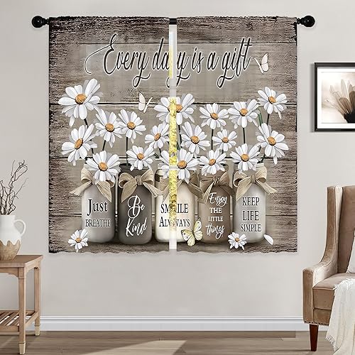 Laifzere Cortinas rústicas con diseño floral de margaritas, estilo rústico, vintage, 42 x 45 pulgadas, para dormitorio, sala de estar, tarro de