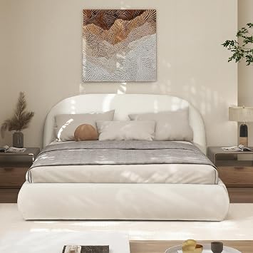 Grounded Bed Frame - Chenille White Bed Frames with Arch-Shaped Headboard and Wooden Slat Support, Upholstered Platform Bed for Bedroom, No Box Spring Required (Queen)