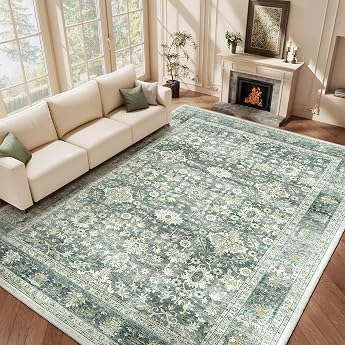 HOMFINE Living Room Rug 120 x 170 cm Vintage Washable Green Large washable short pile rug with floral pattern non-slip soft and ideal for living room bedroom and dining room