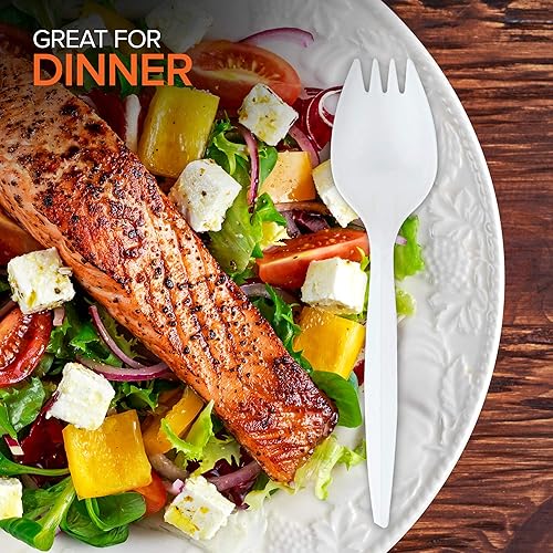 Miniatura 7 de Sporks desechables (paquete de 50) tenedores de plástico blanco, sin BPA, seguros para niños, utensilios 2 en 1, cuchara de tenedor de peso pesado