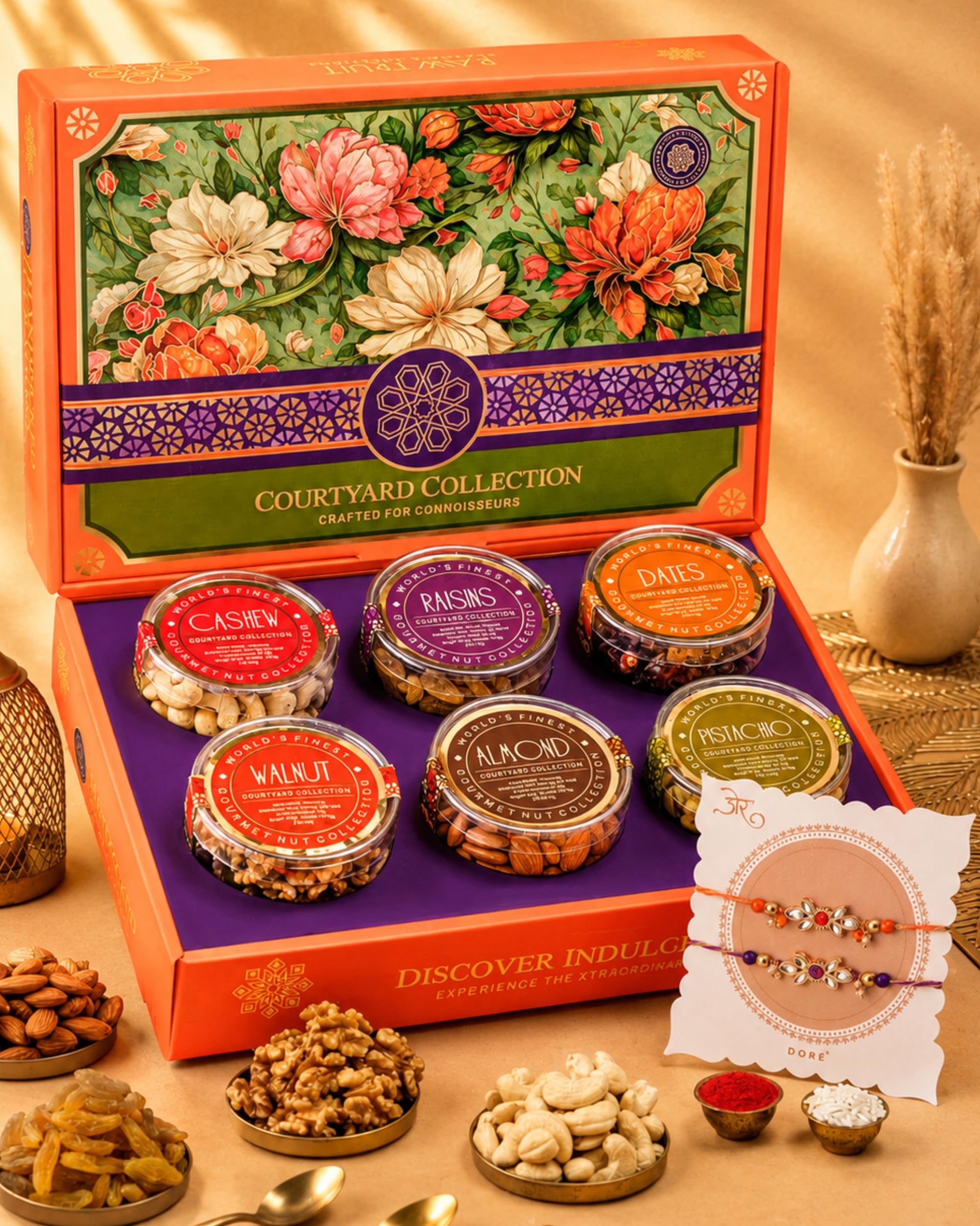Hyperfoods® Rakhi With Dry Fruits Set Rakhi Set for Brother 745g (Box Weight 960 Grams) RawFruit Courtyard Collection Pack of 6 Dry Fruits Gift Box Set of 2 Rakhis DryFruits Gift Pack Dry Fruit Gift Hamper For Brother