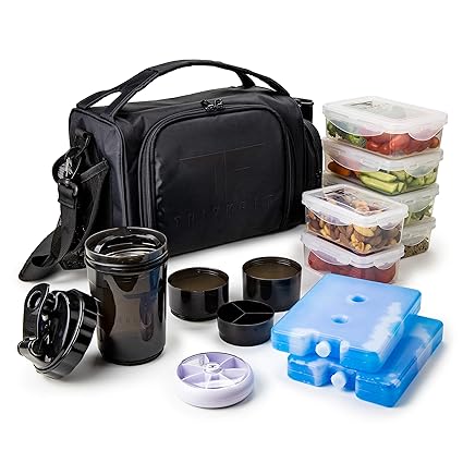 Insulated Meal Prep Lunch Box with 6 Food Portion Control Containers - BPA-Free, Reusable, Microwavable, Freezer Safe - With Shaker Cup, Pill Organizer, Shoulder Strap & Storage Pocket (Black)