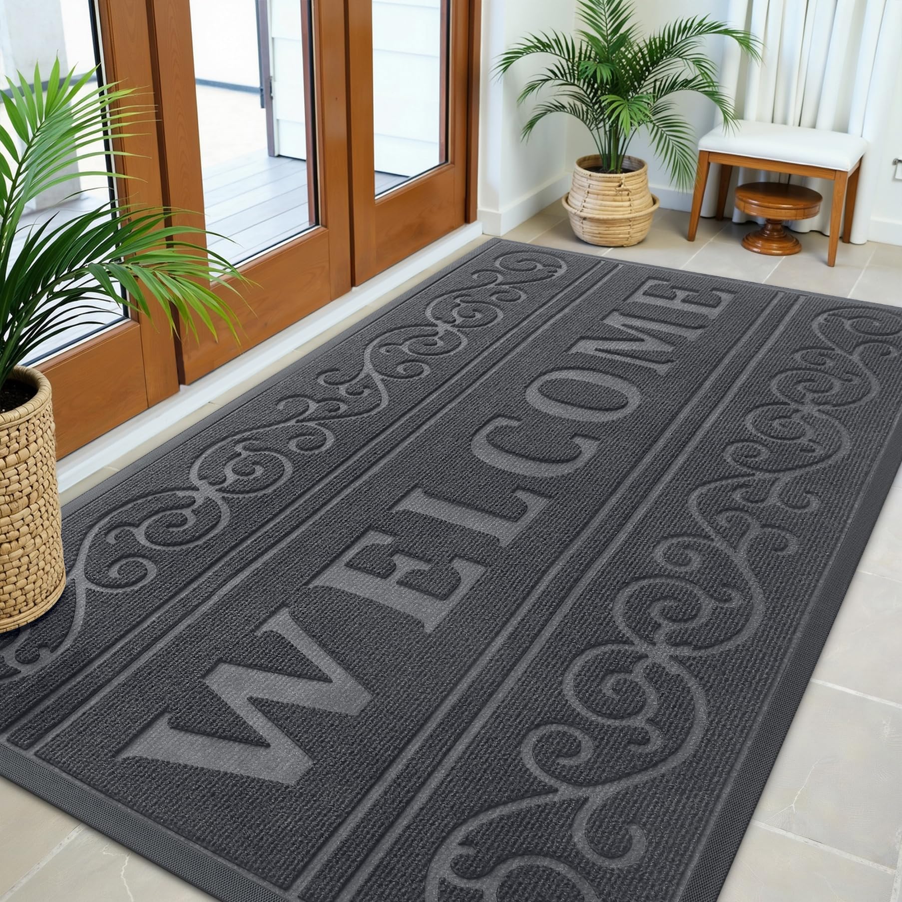 OLANLY Welcome Door Mat Indoor Outdoor 59x35, Heavy-Duty Rubber Doormat | Medium Grey, Waterproof All-Weather, Stain Resistant, Low-Profile Floor Mat for Patio, Entrance and Entryway, Easy to Clean
