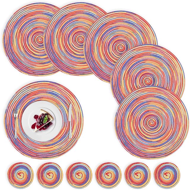 6Packs Round Placemats Cotton Heat Resistant Braided Placemats Anti-slip and Washable Table Placemats and Coaster Sets Outdoor Indoor Dinner Table,(6Placemats+6Coasters,Rainbow Red)