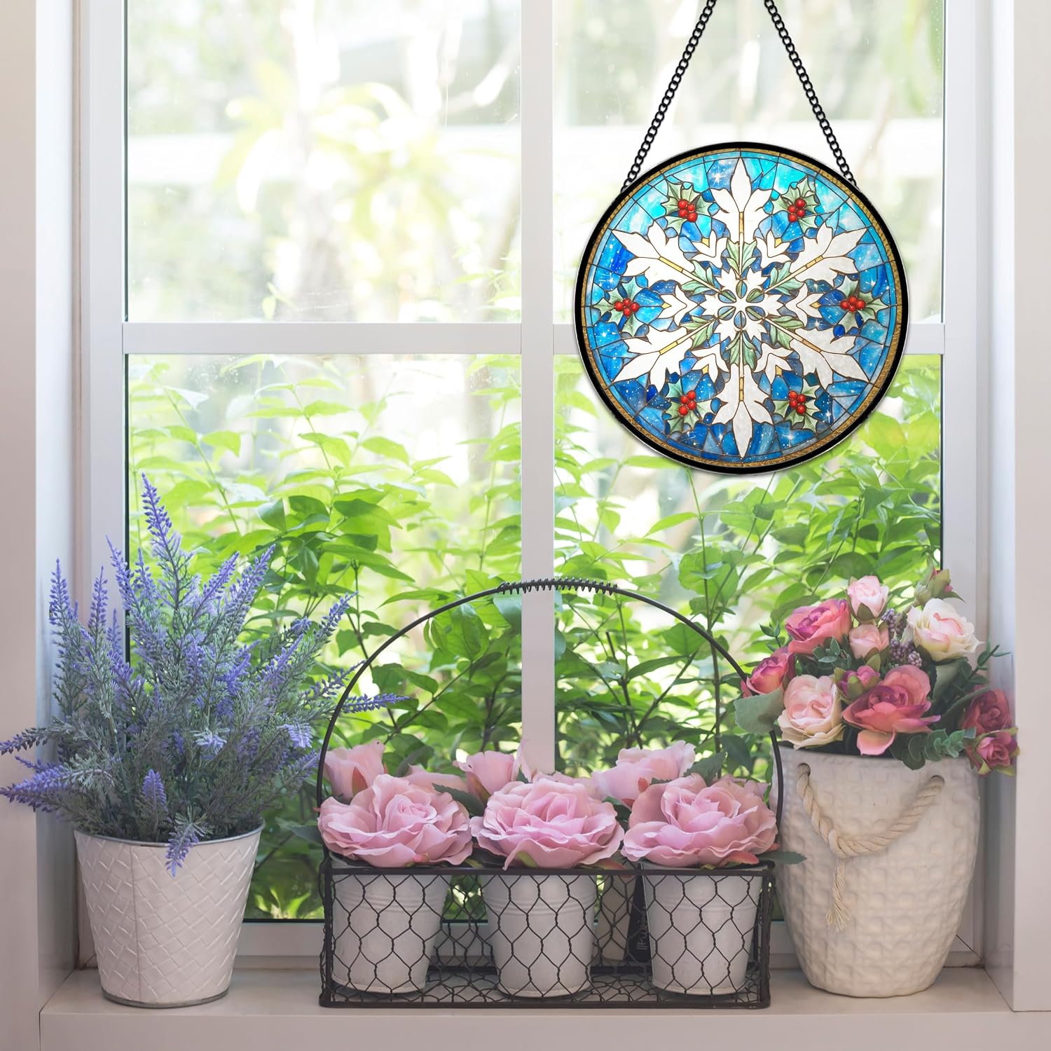 Stained Glass Window Hanging, White Snowflake with Holly Design Round Sun Catchers Glass Panel Suncatcher Decor for Home, 7.8Inch. (012)