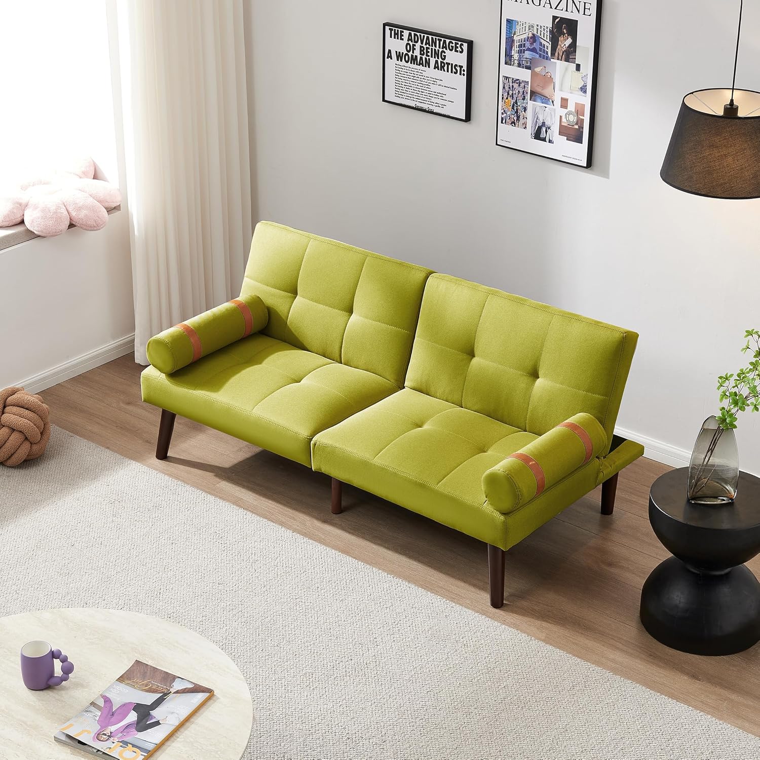 Convertible Sofa Bed Futon with Solid Wood Legs Linen Fabric Musterd Green