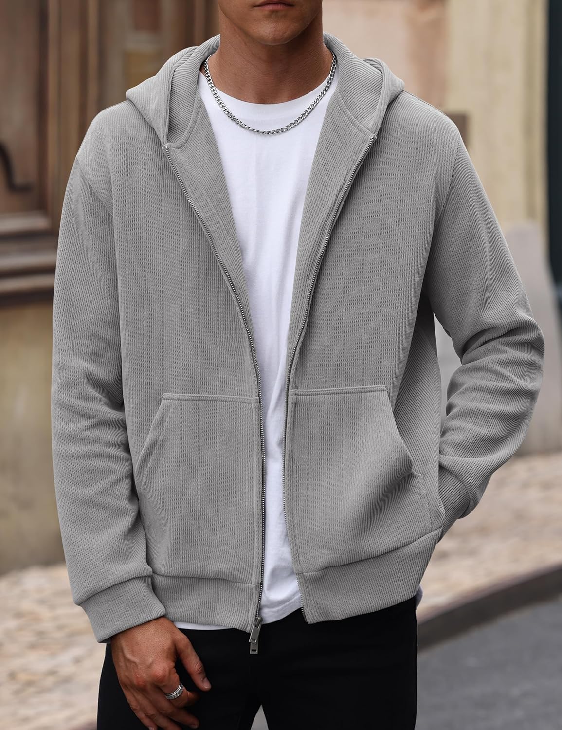 Mens Cropped Zip up Hoodie Jacket Corduroy Heavyweight Double Zipper Sweatshirts (S-XXL) - Image 3