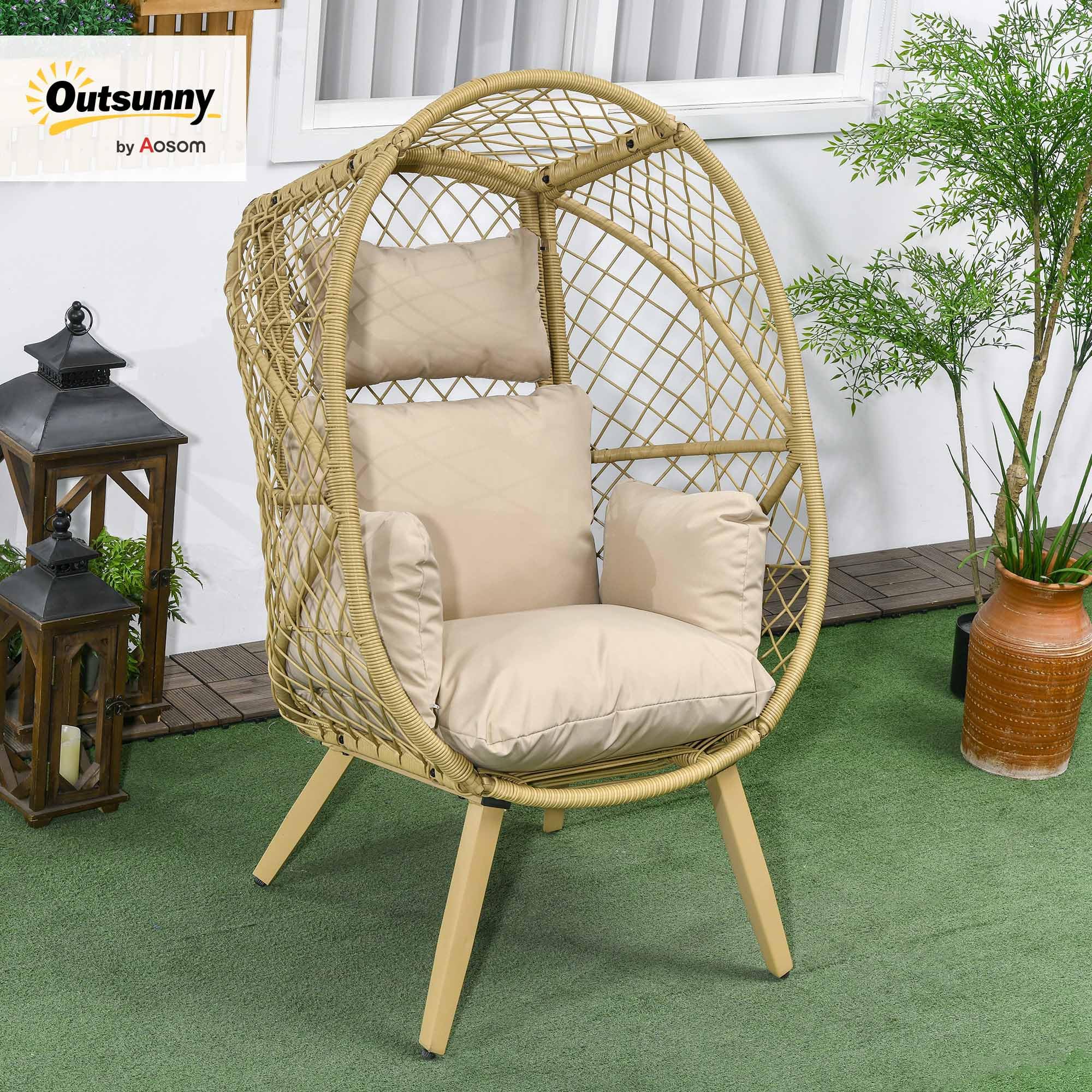 Outsunny Fauteuil œuf sur Pied en résine Effet rotin avec Coussins Polyester, Structure en métal, dim. 88x85x143 cm
