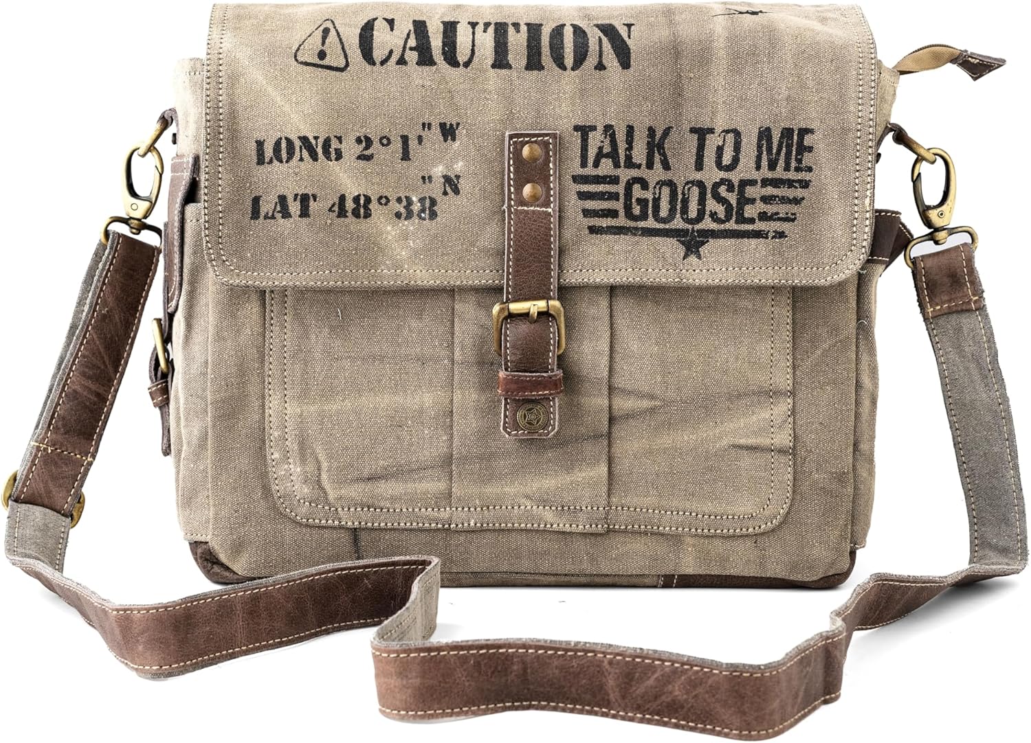 3B-Vintage Print Talk To me goose Upcycled Military Leather Canvas Shoulder Bag Laptop Messenger Bags Crossbody 2 Straps