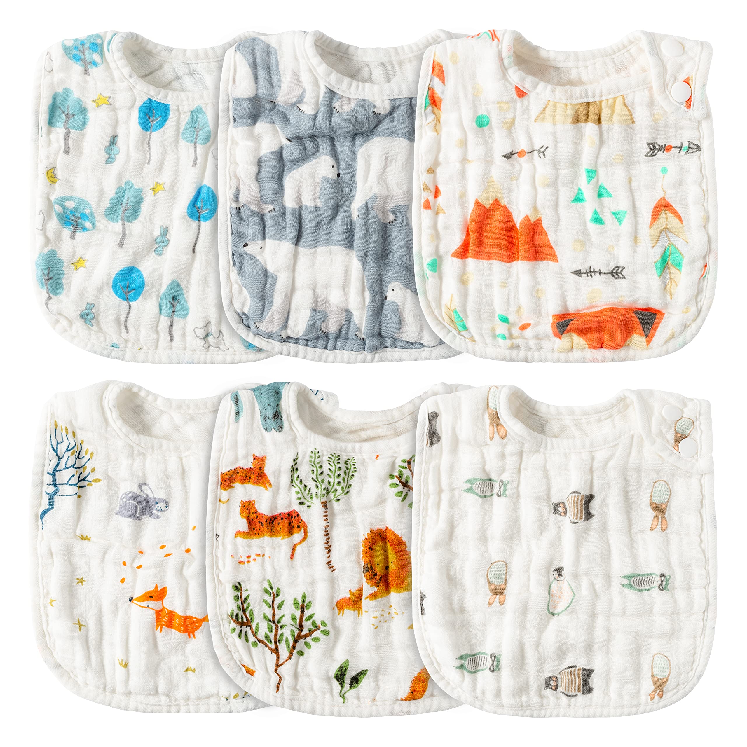 Zainpe 6Pcs Snap Muslin Cotton Bibs for Baby Bear Fox Deer Dog Bib Adjustable Machine Washable Burp Cloths with 6 Absorbent Soft Layers for Unisex