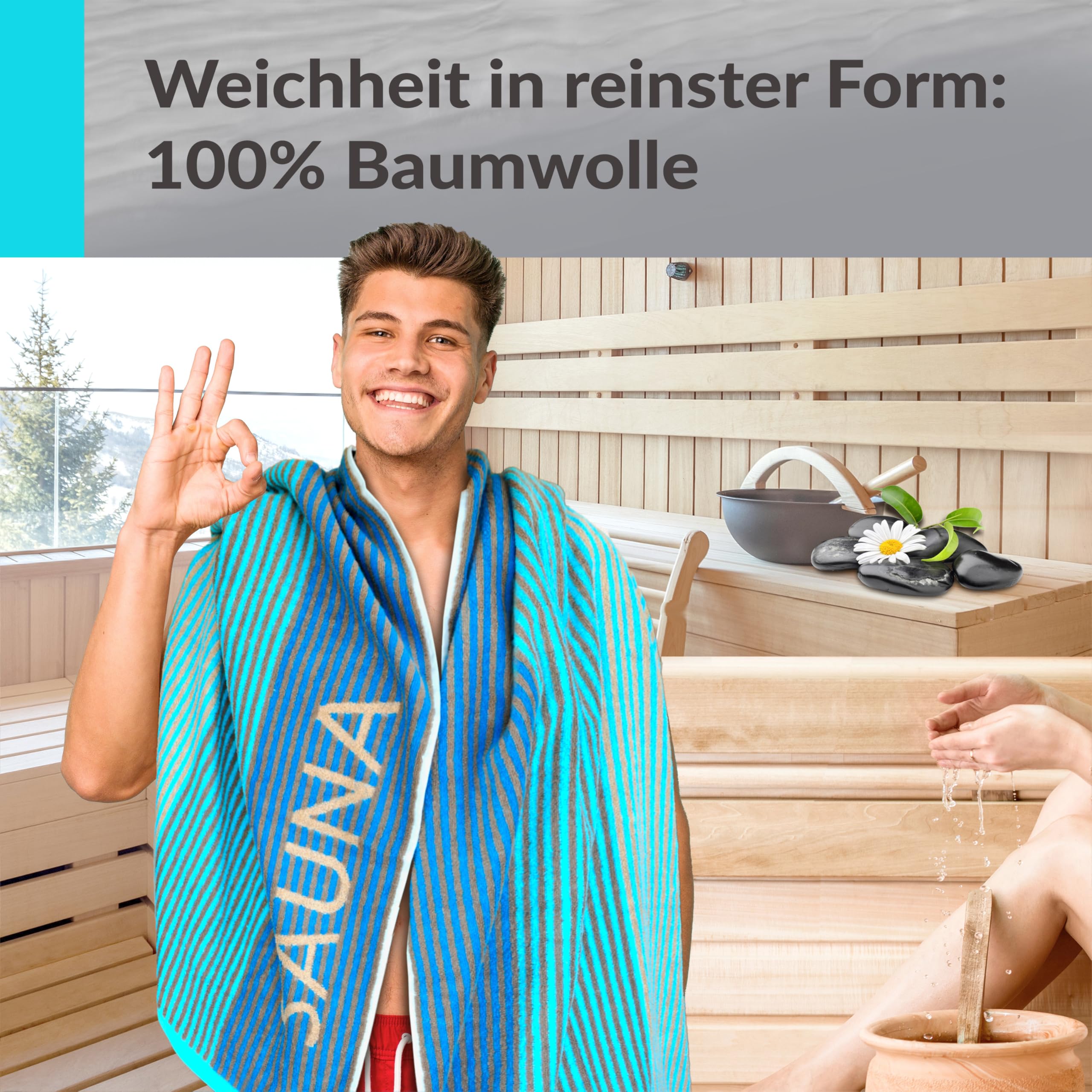 Lashuma Saunatuch Blau - Türkis, Helsinki großes Handtuch für die Sauna, XXL Badetuch aus 100% Baumwolle 85x200 cm