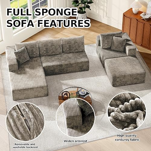 Miniatura 7 de MoonSpeak Sofá modular sin hueso de 133 pulgadas para sala de estar, moderno sofá modular con asiento profundo, sofá cama tapizado con 2 otomanas