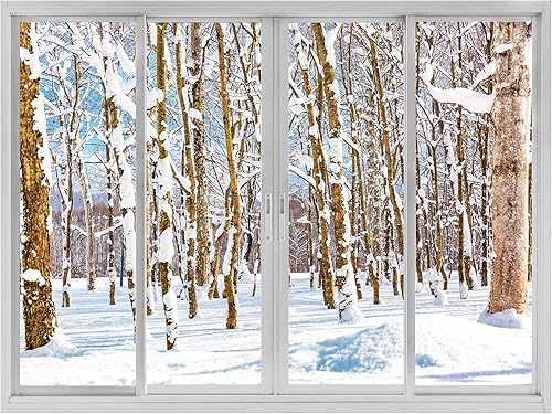 Miniatura 2 de wall26 Adhesivo mural removible para pared, vista de ventana, nieve, invierno, montaña, bosque, árboles, naturaleza, fotografía, realismo, paisaje