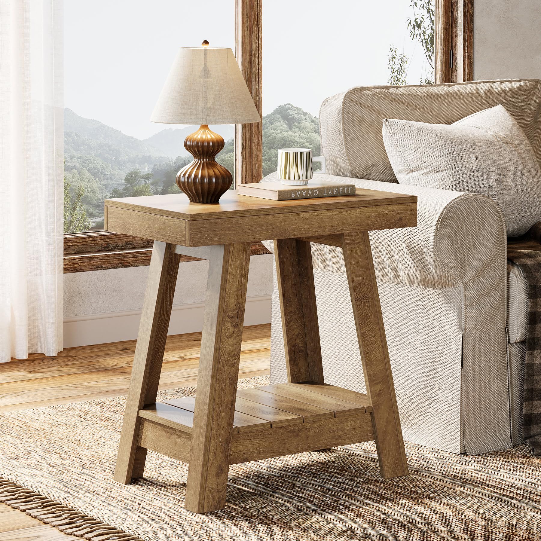 Tribesigns 2-Tier Wooden End Table, Farmhouse Style, Rustic Grey, Small Sofa Side Table with Storage, Slim Nightstand for Living Room, Bedroom, Brown