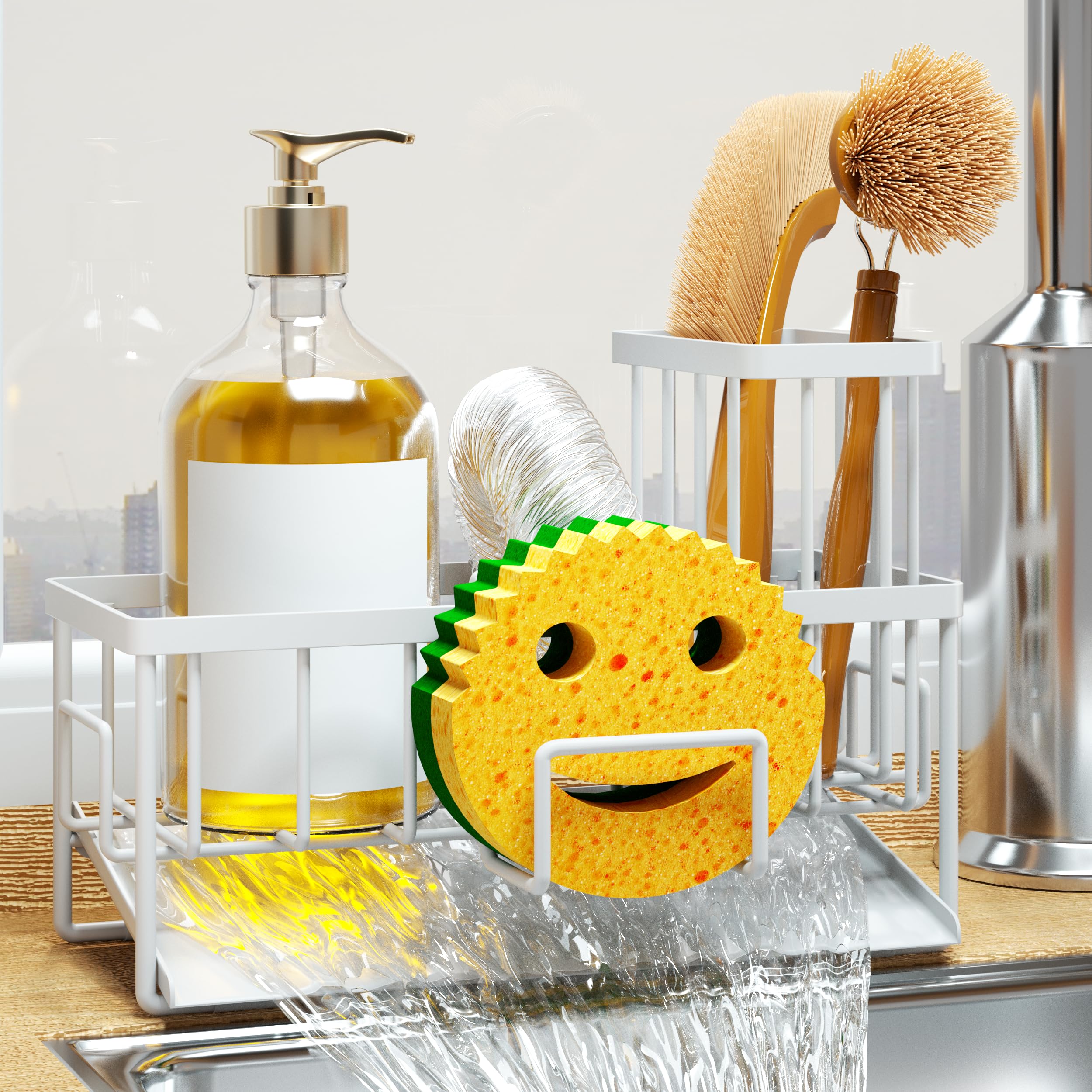 Sink Caddy Organzier, Sponge Holder for Kitchen Sink with Brush Holder and Self Drain Tray, Dish Soap Dispenser Caddy for Home Kitchen Organizers and Storage Decor Essentials Accessories White