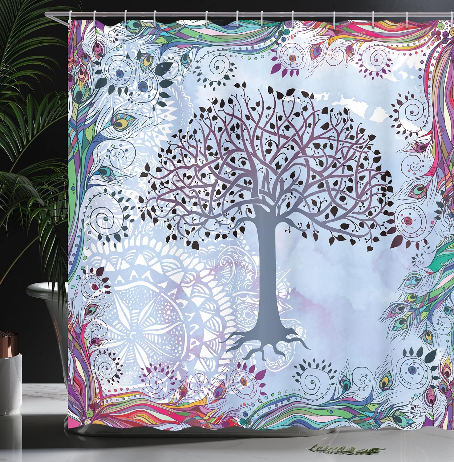 Ambesonne Nature Shower Curtain, Tree of Life Motif with Peacock Feathers Tribal Vintage Primitive Nature Illustration, Cloth Fabric Bathroom Decor Set with Hooks, 69" W x 70" L, Bluegrey