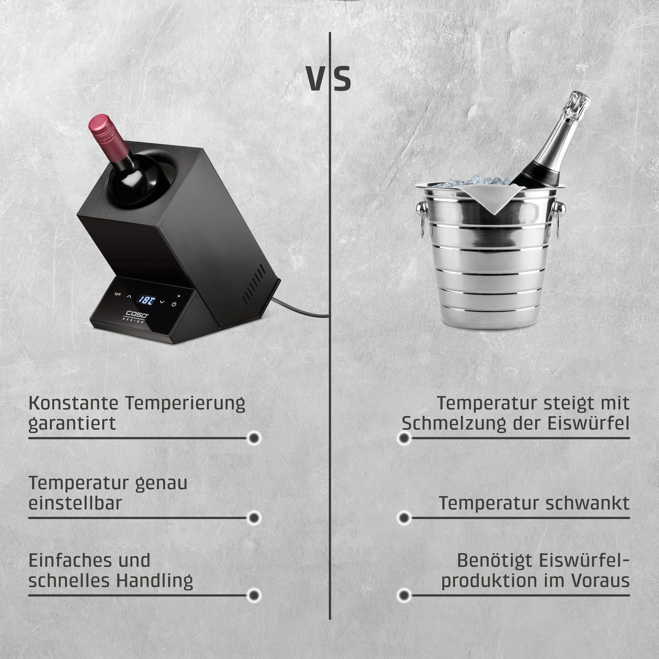 Caso WineCase One Black - Design Weinkühler für eine Flasche, Temperaturbereich von 5-18°C, für Flaschen bis 9 cm Ø, Sensor-Touch Bedienung, Schwarzes Edelstahlgehäuse, LED Display