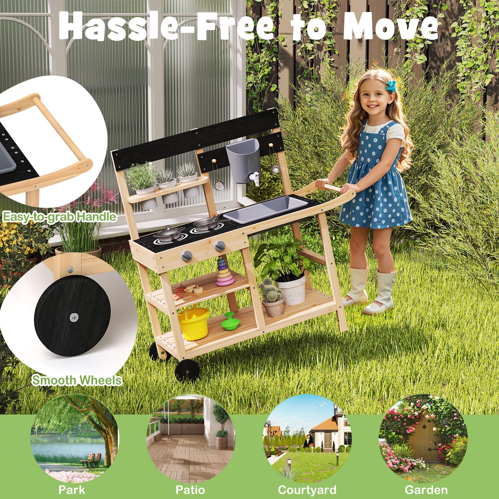 HOMASIS Matschküche Kinder Outdoor, Kinderküche mit Wassertank Spülen Herd Kreidertafel & Pflanztöpfen, Holz Gartenküche mit 10 Zubehör & Rollen, Spielküche mit Haken & Regalen, für Kinder ab 3 Jahren