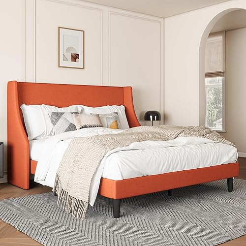 Miniatura 3 de SHA CERLIN Base de cama de plataforma tamaño Queen con cabecero tapizado, elegante diseño de respaldo de alas, soporte de listones de madera