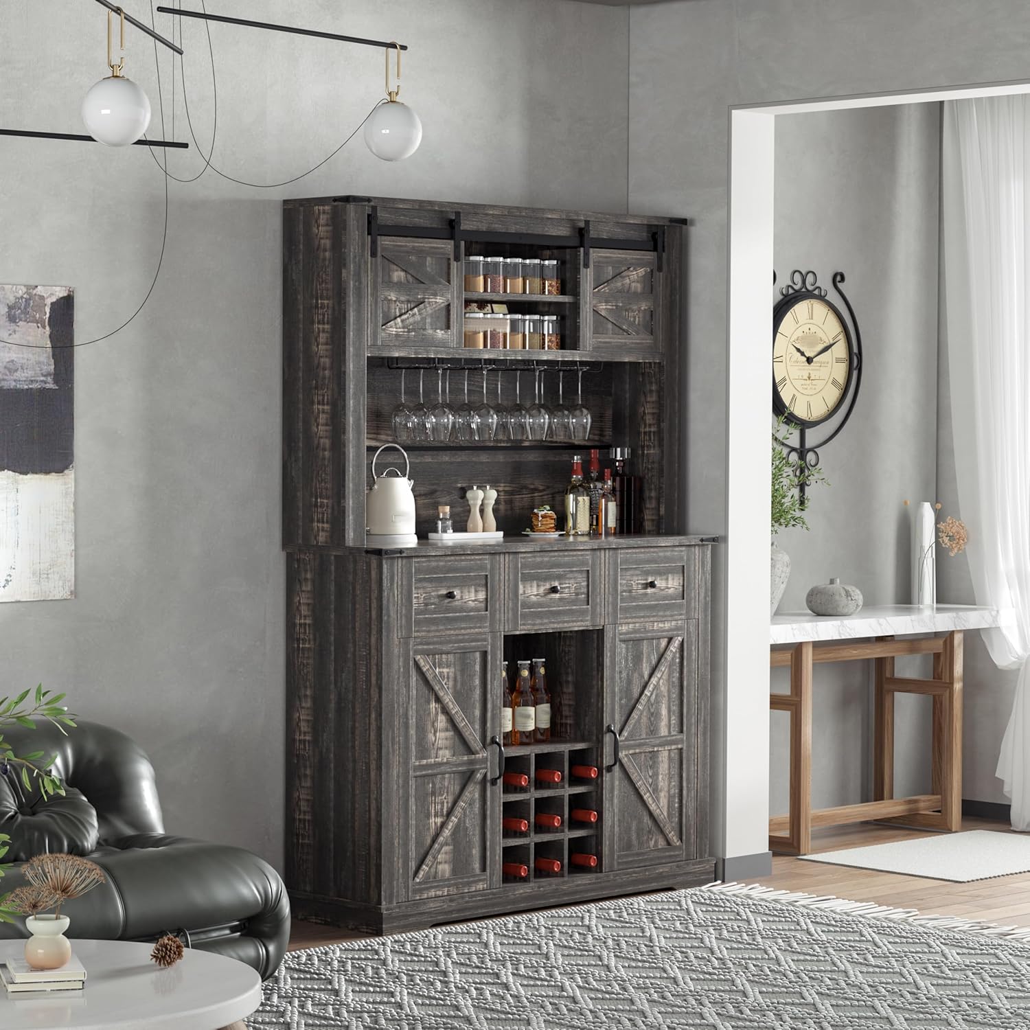 Farmhouse Coffee Bar Cabinet,72" Kitchen Hutch with Storage, Buffet Sideboard Cupboard with Adjustable Shelves, Sliding Barn Door, Wine & Glasses Rack for Kitchen, Dining Room, Dark Rustic Oak