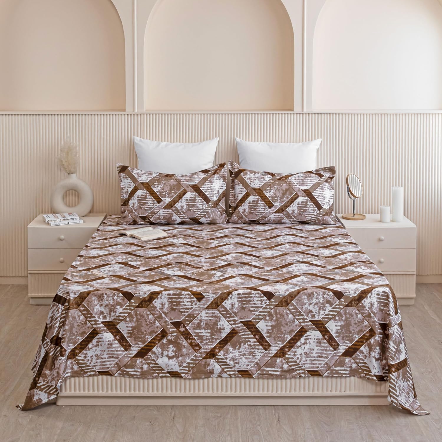 HOMEMONDE Cotton Printed King Size Bedsheet Geometric Printed 210 TC Flat Bed Sheet with 2 Pillow Case, Luxurious & Soft 108 x 108 Inch Flat Sheet – Camel | Perfect for Home Decor & Gifting