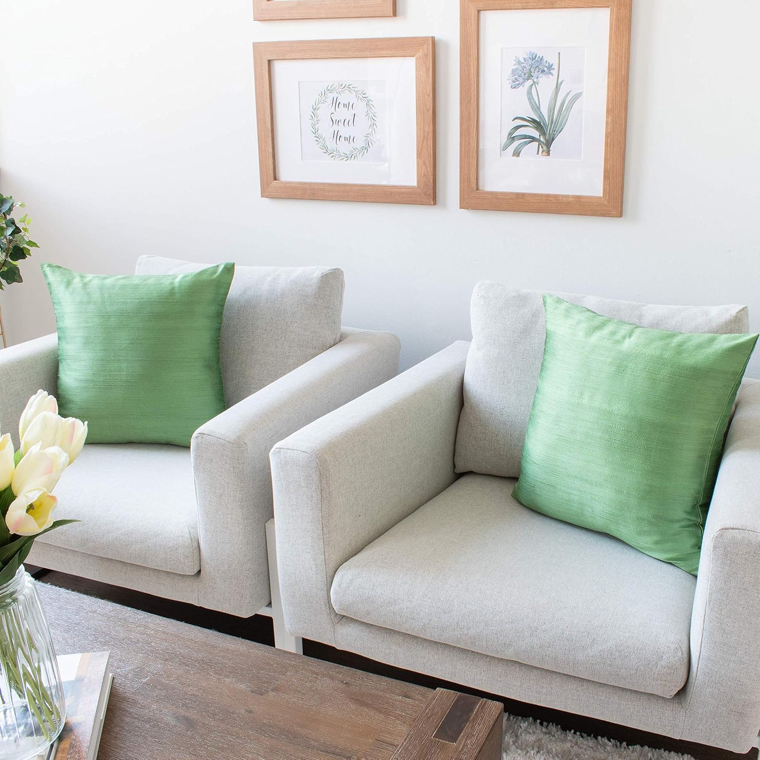 The White Petals Light Green Pillow Covers (Set of 2 Covers, Faux Raw Silk, Light Green, 22x22 inches)
