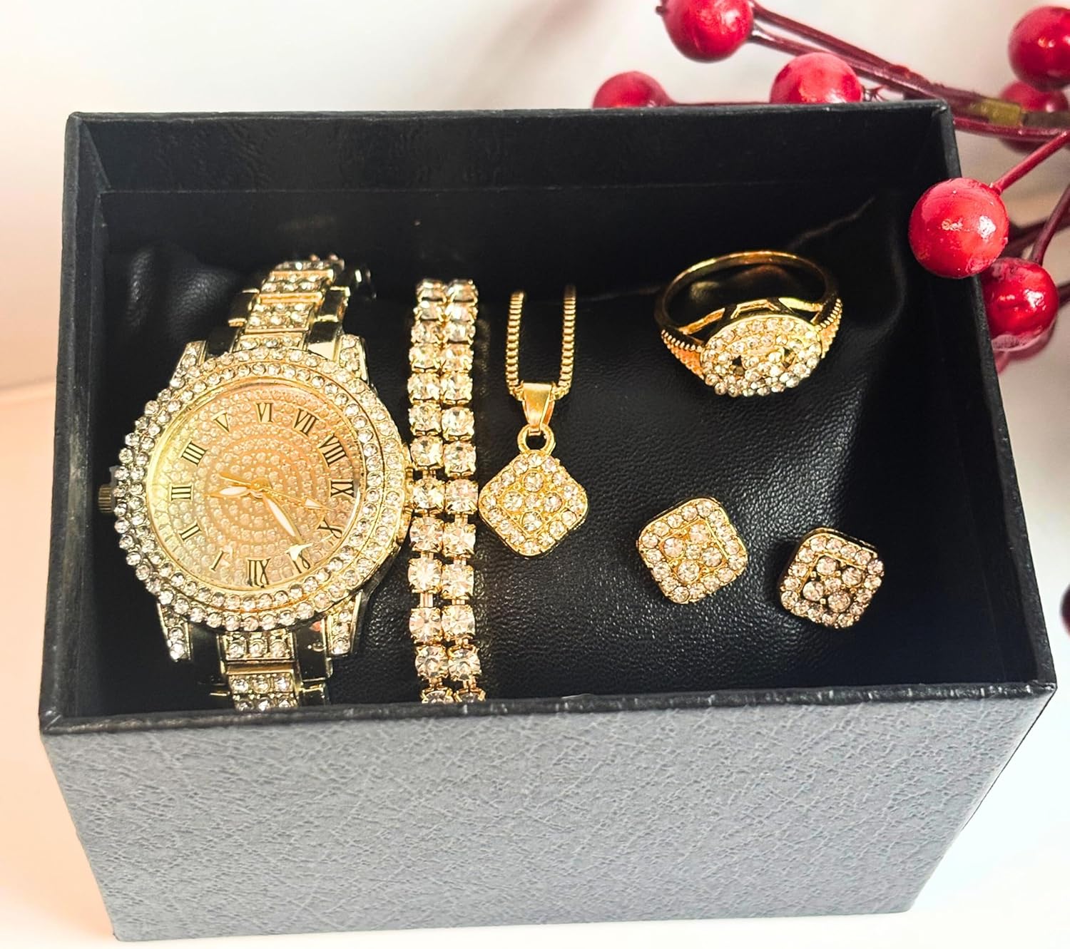 OLALACLAYCO Rhinestone Watch Jewelry Set with Necklace, Bracelet, Ring, Earrings, Hip Hop Style, 6 Pieces - Image 2