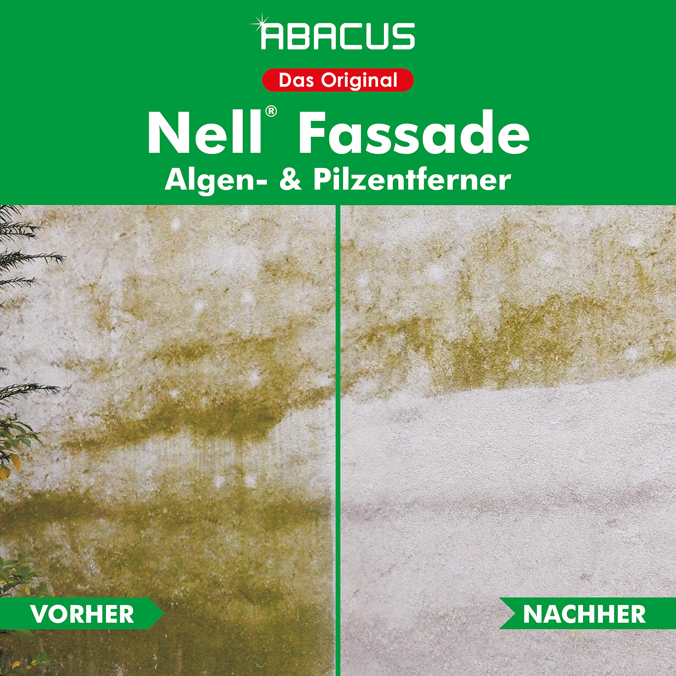 ABACUS® Fassadenreiniger, Grünbelagentferner für Fassaden, Putz & Hauswände – Entfernt selbsttätig Pilze, Flechten & Algen von Fassaden – Nur 0,1L pro m², Nell Fassade 25 Liter (7429)
