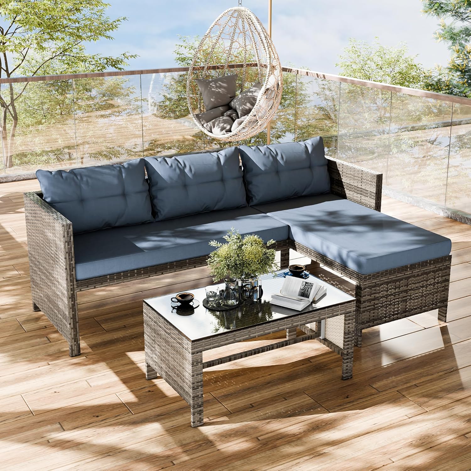Shintenchi Outdoor Patio Furniture Sets, Wicker Patio sectional Sets 3-Piece, All Weather Wicker Rattan Patio Seating Sofas with Glass Coffee Table and Cushion