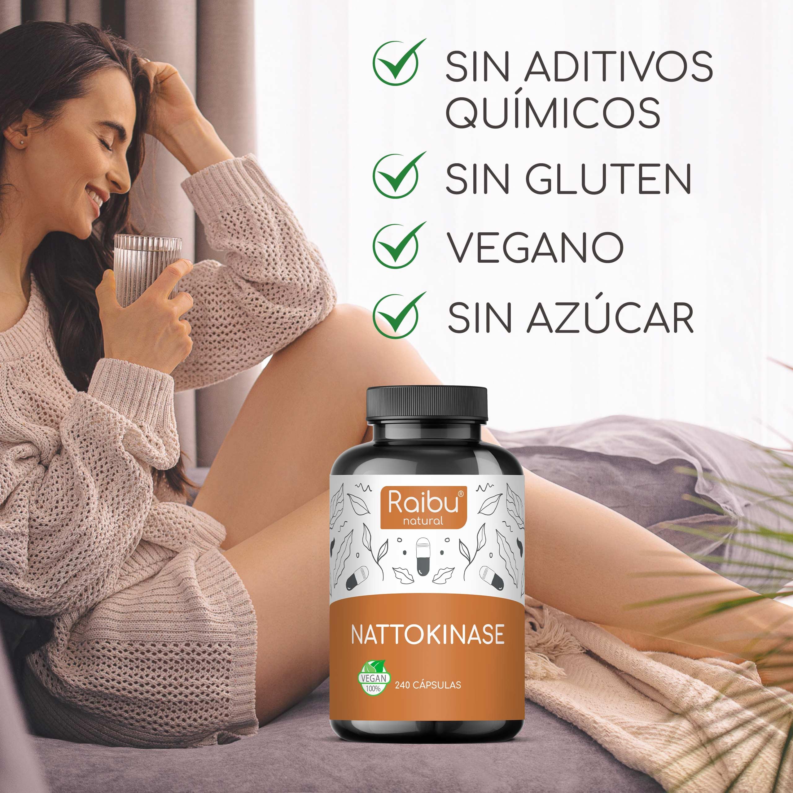 Raibu Nattokinase 240 Cápsulas - 100 mg de Alta Potencia (20.000 FU/g) - Suministro para 8 Meses & Vegano - Natto de Soja - Pureza y Calidad Certificadas