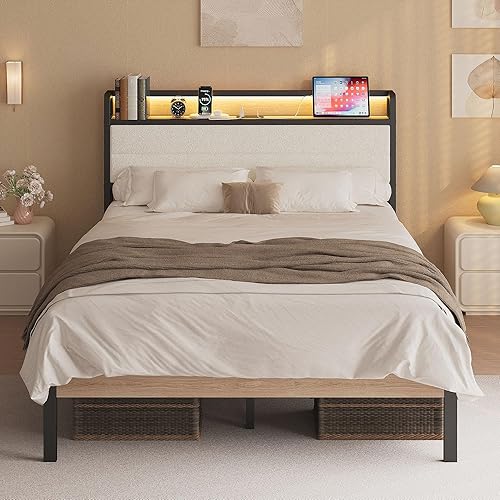 LIKIMIO Base de cama matrimonial con cabecera de almacenamiento y luces LED, plataforma de metal con estación de carga, sin ruido, no necesita