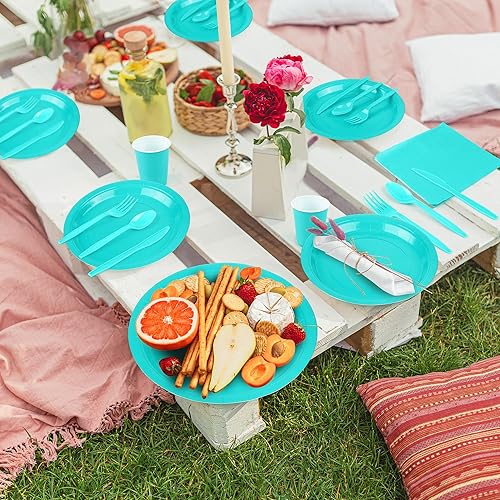 Vista 5 de Durony 350 piezas, suministros para fiestas azul teja, juego de vajilla de papel platos de papel tazas servilletas para 50 invitados para Azul