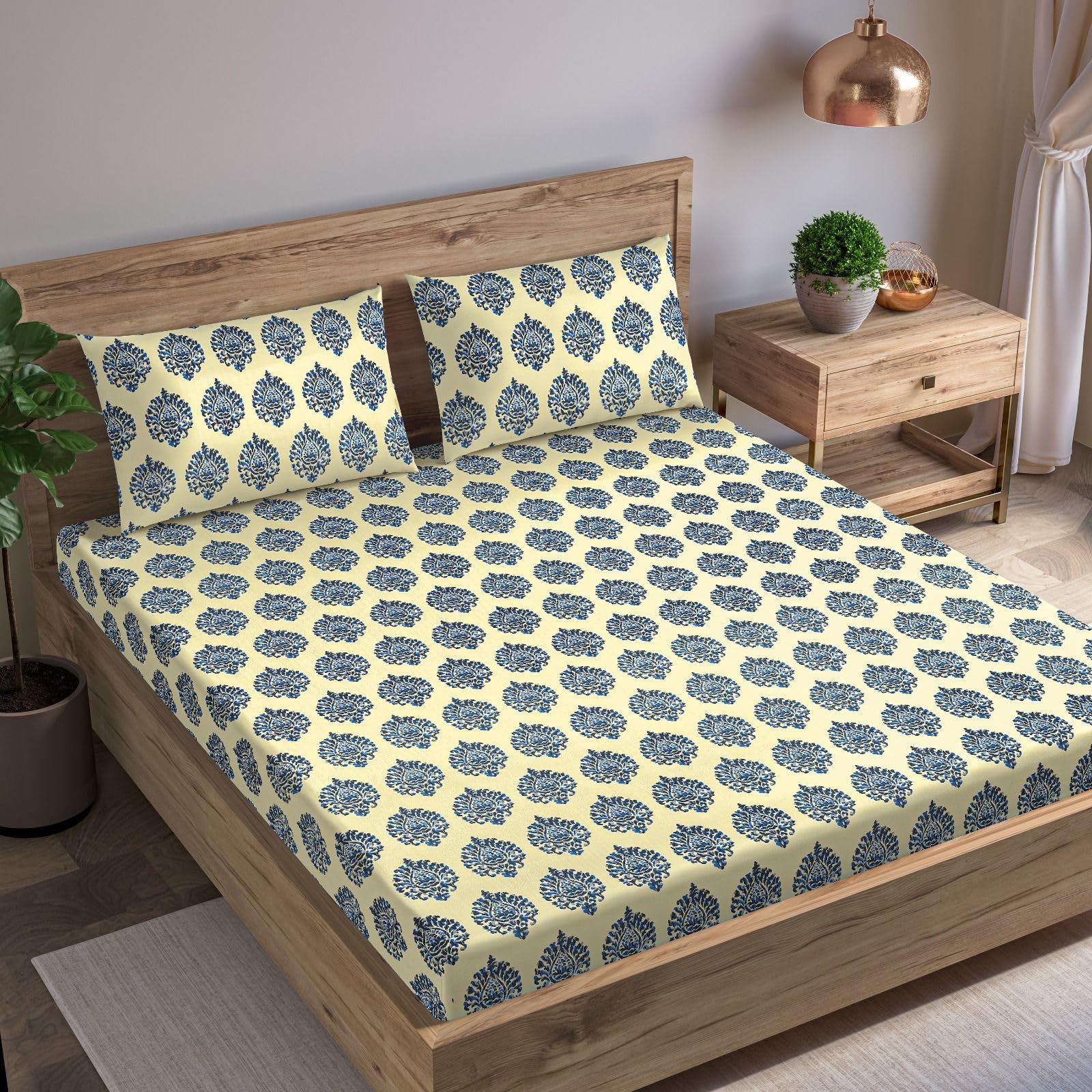 Trance Home Linen 200TC 100% Cotton 75"x60" Double Bed Size Elastic Fitted Bedsheet | Printed Double Size Bed Elasticated Fitted Bedspread with 2 Pillow Covers (75x60 inch, Damask Blue)-picture-13