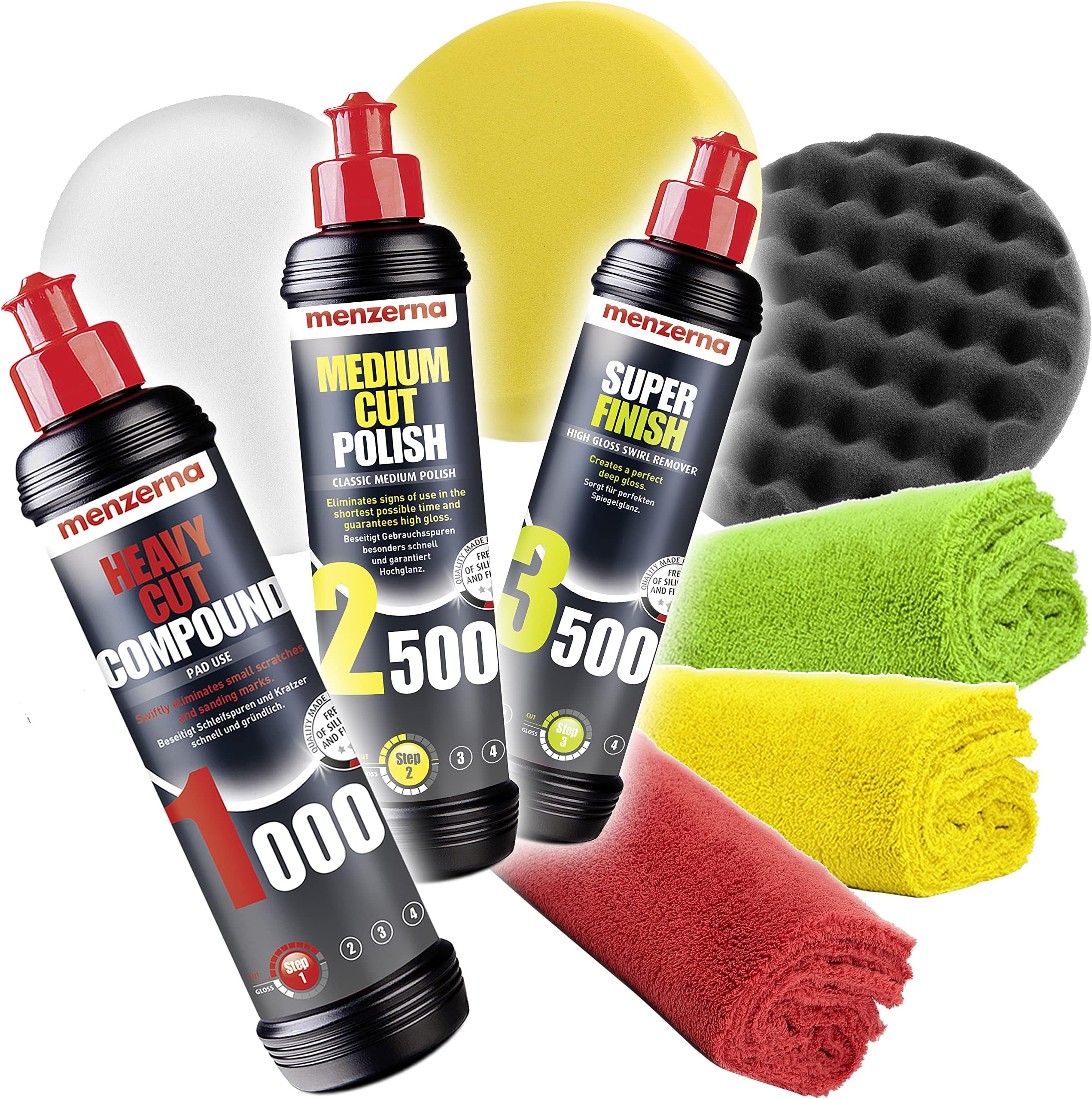 Menzerna Detailmate Polish Set: Heavy Cut Compound 1000 + Medium Polish 2500 + Super Finish 3500 + Standard Pads (Hard, Medium, Soft) + 3 Microfibre Cloths 550 GSM
