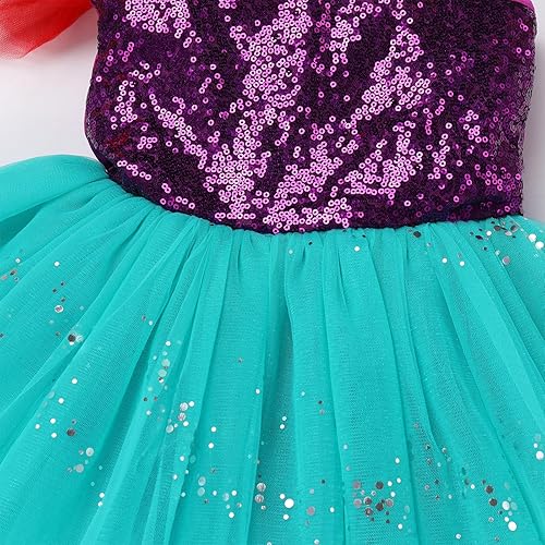 Miniatura 6 de AFAVOM Disfraz de Bam Bam para niñas, disfraz de princesa Sirenita para Halloween, cosplay, un hombro, leotardo de ballet, vestido de baile