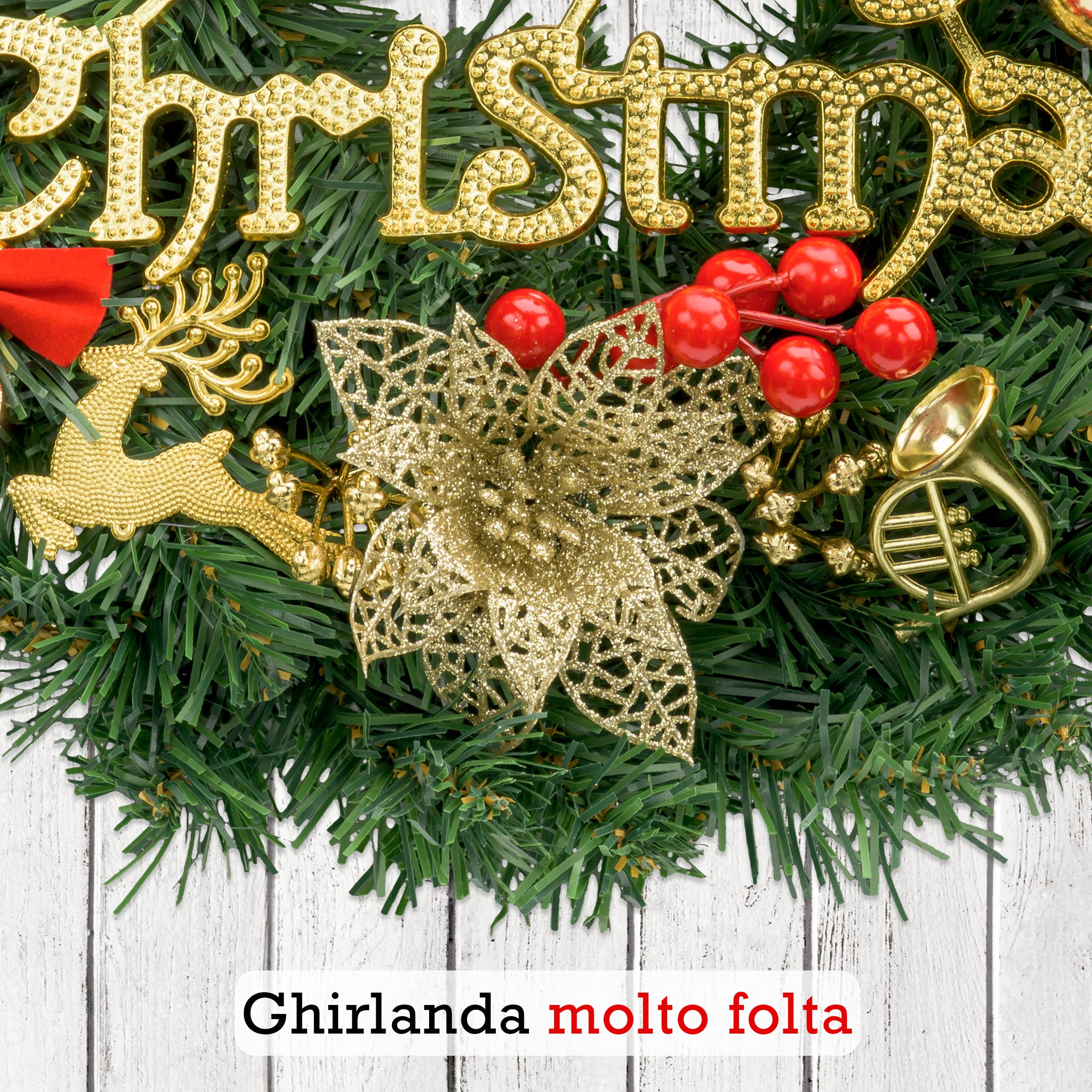 Ghirlanda Natalizia LED 60 Cm Con Pigne E Bacche Rosse - Illuminata A Batteria, Per Porta E Camino
