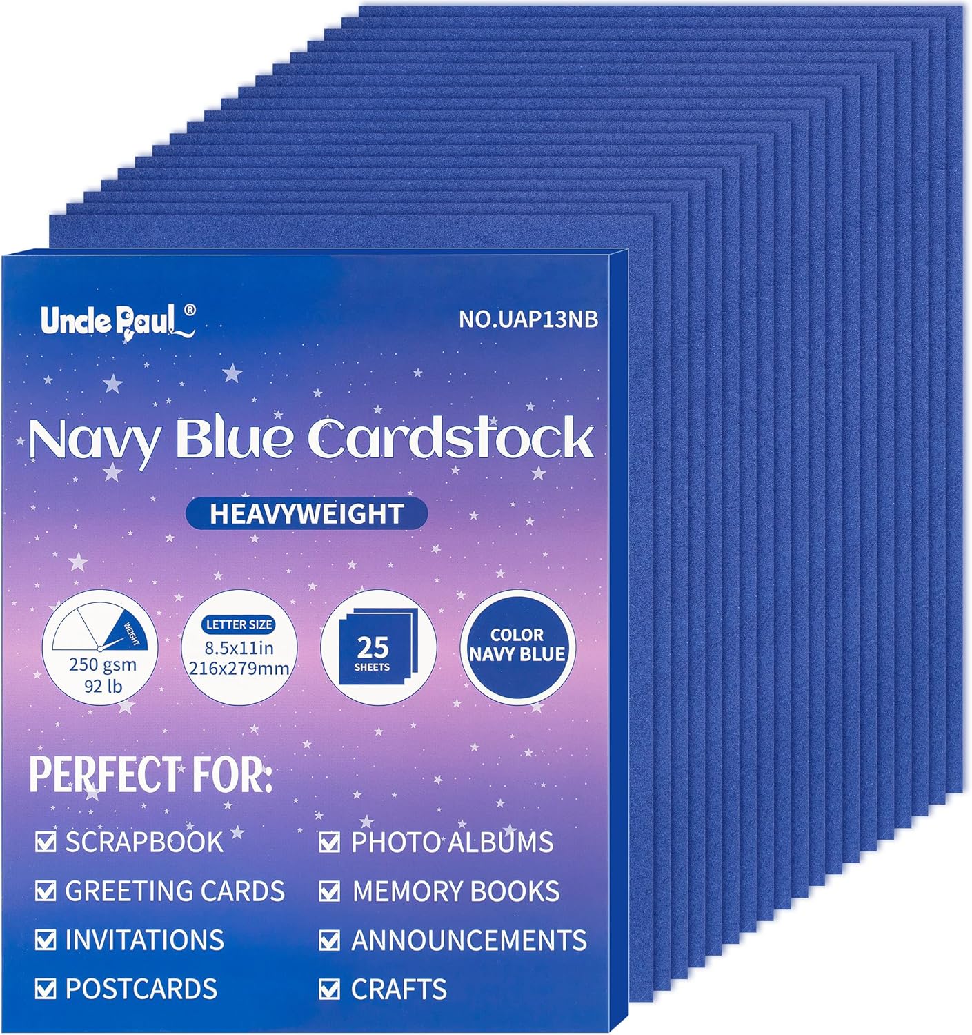 25 Sheets Navy Blue Cardstock - 8.5'' x 11'' Double-sided Cover Card Stock 92lb/250gsm Heavyweight Thick Paper for Art Crafts Scrapbooking DIY Cards Party Décor Invitations UAP13NB