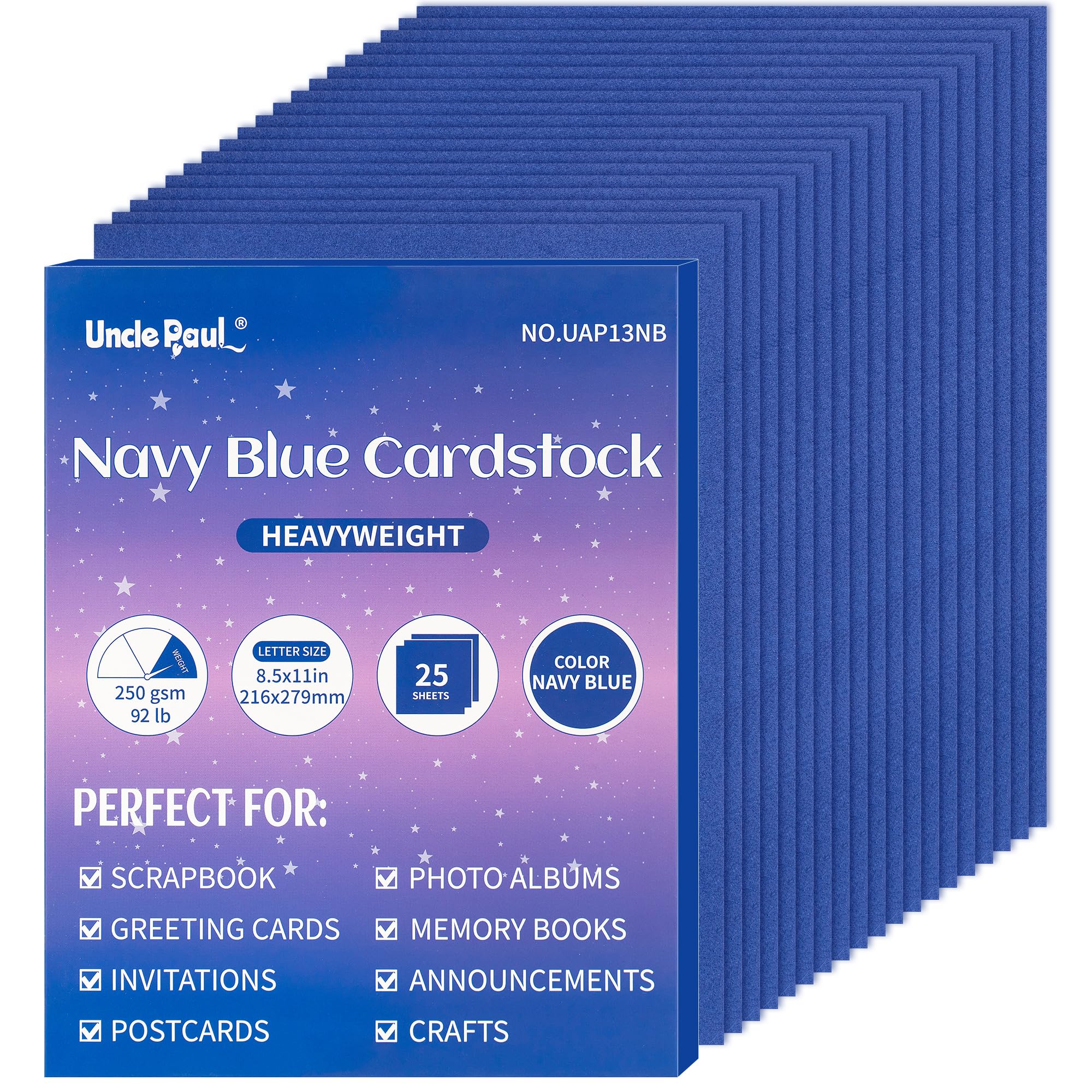 Uncle Paul 25 Sheets Navy Blue Cardstock - 8.5'' x 11'' Double-sided Cover Card Stock 92lb/250gsm Heavyweight Thick Paper for Art Crafts Scrapbooking DIY Cards Party Décor Invitations UAP13NB