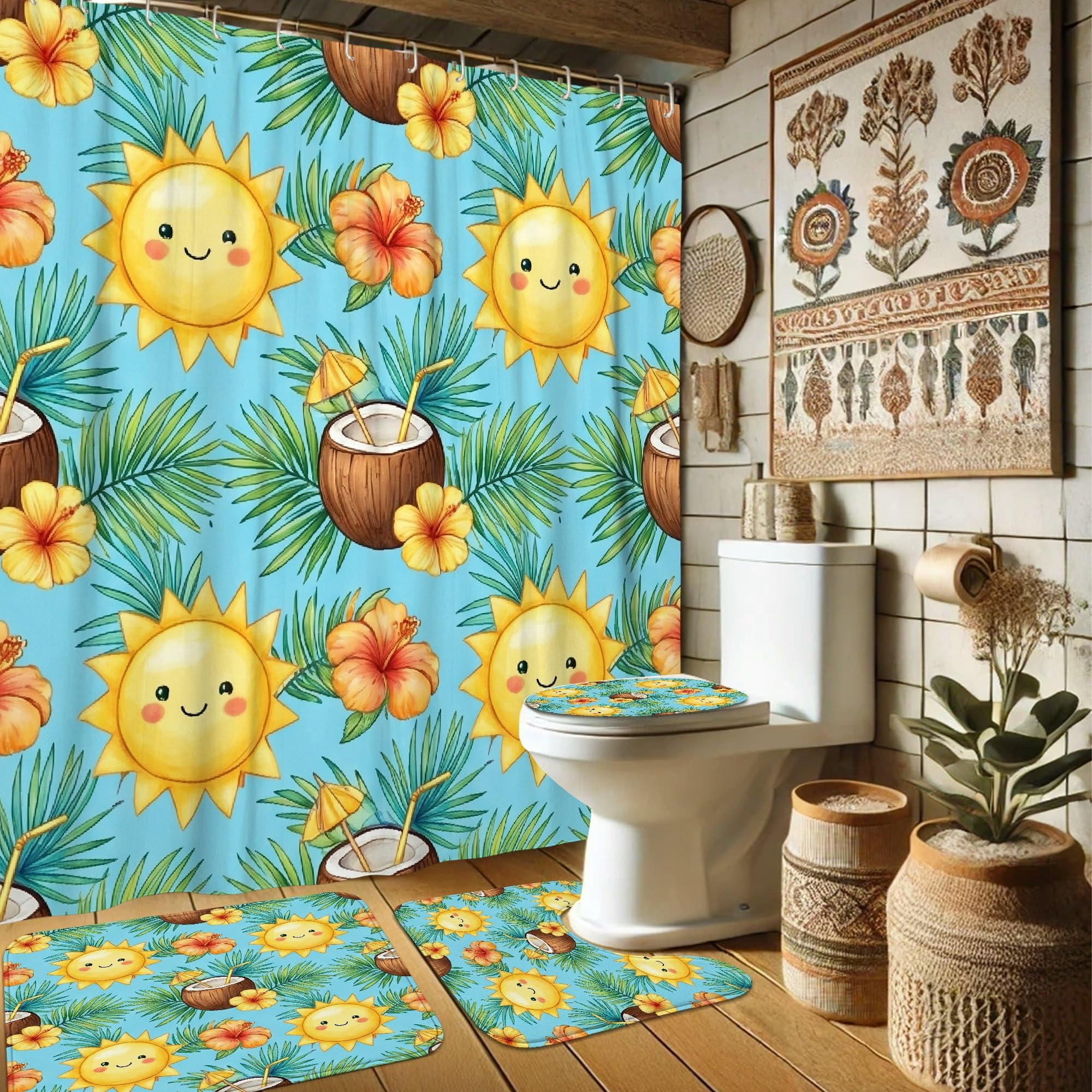 Rideau de douche tropical bleu et tapis pour rafraîchir votre salle de bain d'été