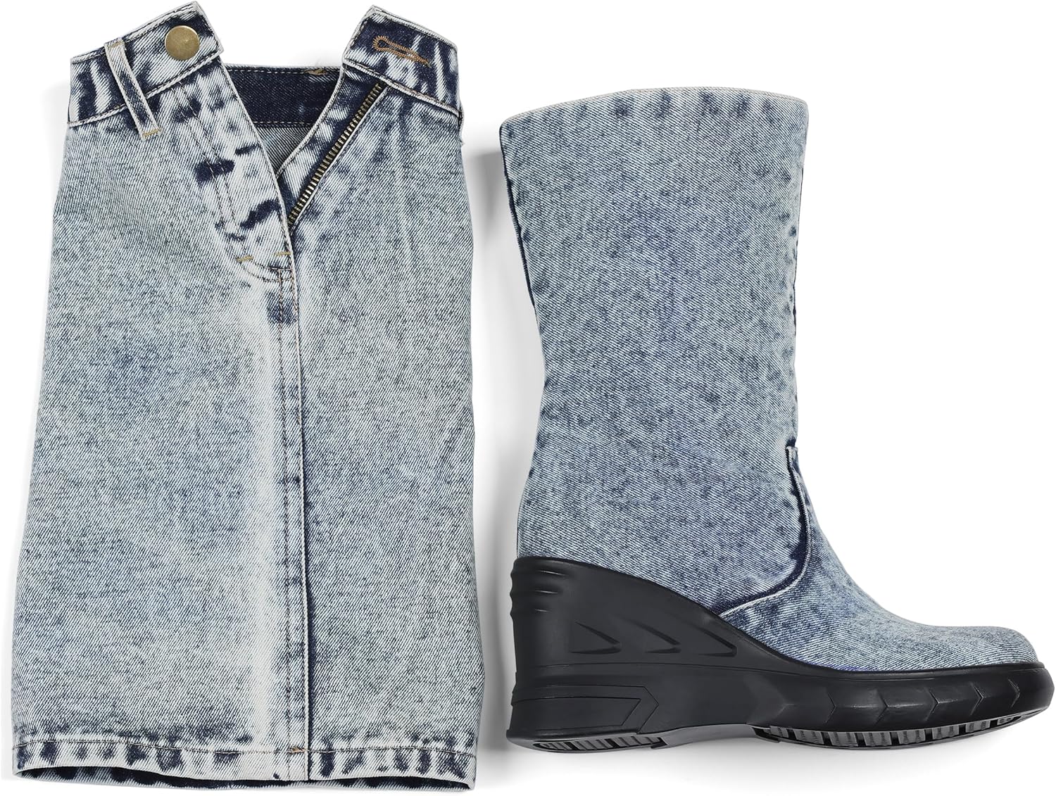 Kalstage Womens Denim Mid Calf Boots Fold Over Slouchy Platform Wedge Booties Vintage Y2k Shark Jean Boots - Image 7