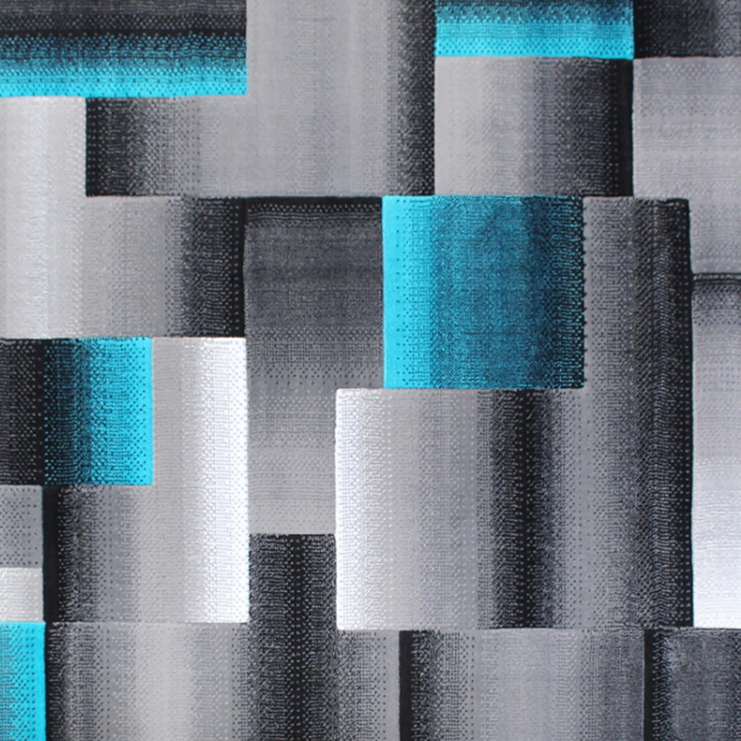 EMMA + OLIVER Olefin Accent Rug - Modern Cubist Pattern - Black and Gray Shades with Vibrant Turquoise Accents - 5x7 - Moisture & Stain Resistant