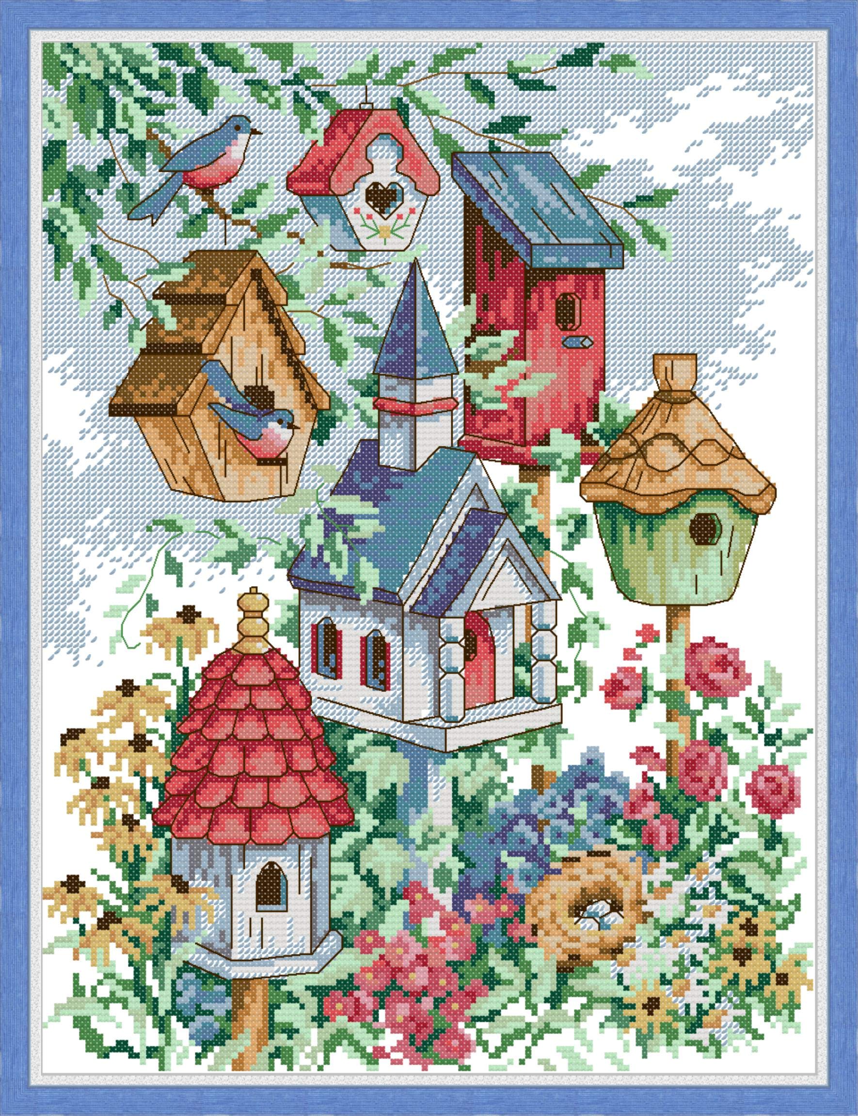 OWN4B クロスステッチ刺繍キット図案印刷、11ct 鳥の家 初心者向けの簡単な刺繍セット38x48cm Cross Stitch