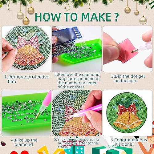 Miniatura 3 de JHGCVX Juego de 10 posavasos de pintura de diamantes de Navidad, posavasos de arte de diamante con soporte, posavasos de pintura de diamantes de