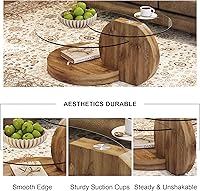 Vista 4 de Mesa de centro de vidrio de 35.4 pulgadas, mesa de centro redonda pequeña, mesa de vidrio templado de 2 niveles con base de madera, mesa central