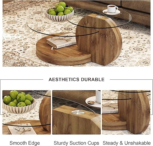 Miniatura 4 de Mesa de centro de vidrio de 35.4 pulgadas, mesa de centro redonda pequeña, mesa de vidrio templado de 2 niveles con base de madera, mesa central