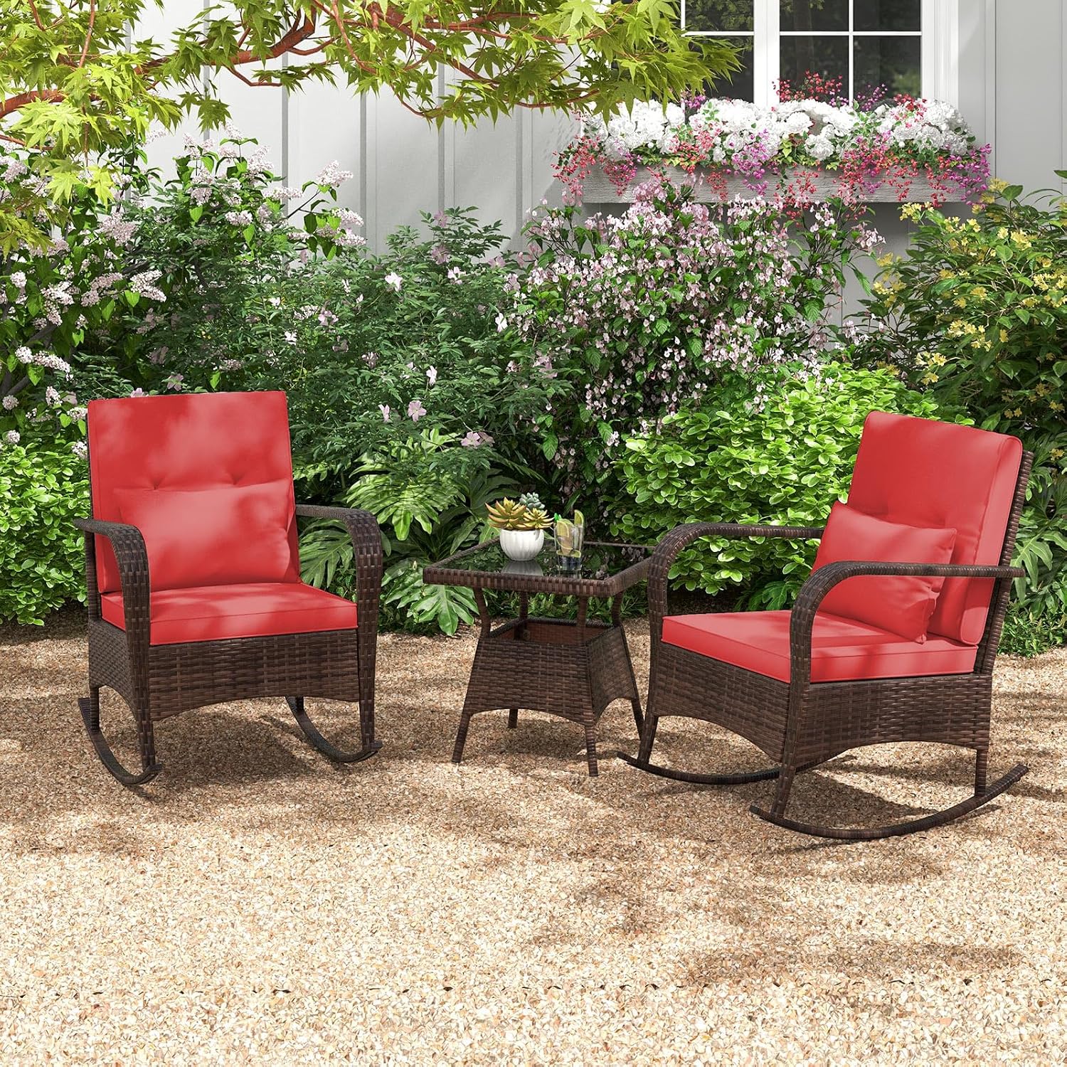 HAPPYGRILL 3 Piece Outdoor Rocking Bistro Set, Rattan Wicker Rocking Chairs with Tempered Glass Coffee Table, Rocker Chairs Set with Cushions & Pillows, for Backyard, Porch, Poolside, (Red)
