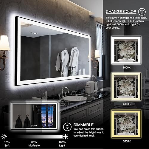 Vista 127 de 88x38 Large Light Bathroom Mirror - Backlit and Front Lighted LED Wall-Mounted Vanity Mirror Modern Rectangle Black Mirror, Dimmable, Anti-Fog