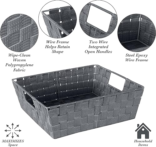 Miniatura 3 de Simplify Bolso grande con correa tejida para estante Cesta de almacenamiento decorativa Asas integradas Organización Armario Dormitorio Baño