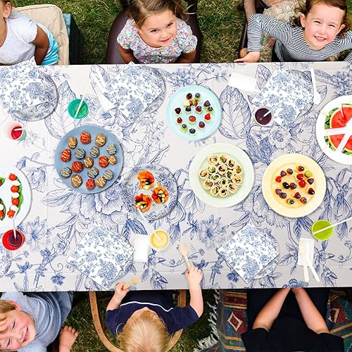 Miniatura 6 de Zhehao Juego de vajilla desechable floral azul y blanco de 127 piezas para 25 invitados, platos de papel floral, servilletas, vasos, mantel de