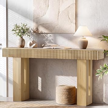 63" Long Console Table, Fluted Sofa Table Behind Couch, Natural Oak